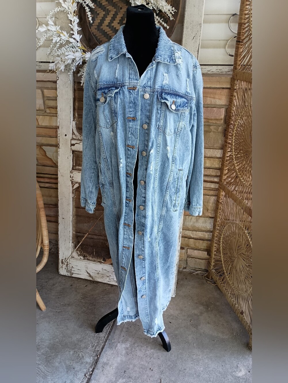 Highway Jeans 100% Cotton Long Light Wash Distressed Denim Trench Coat_L - Picture 1 of 8
